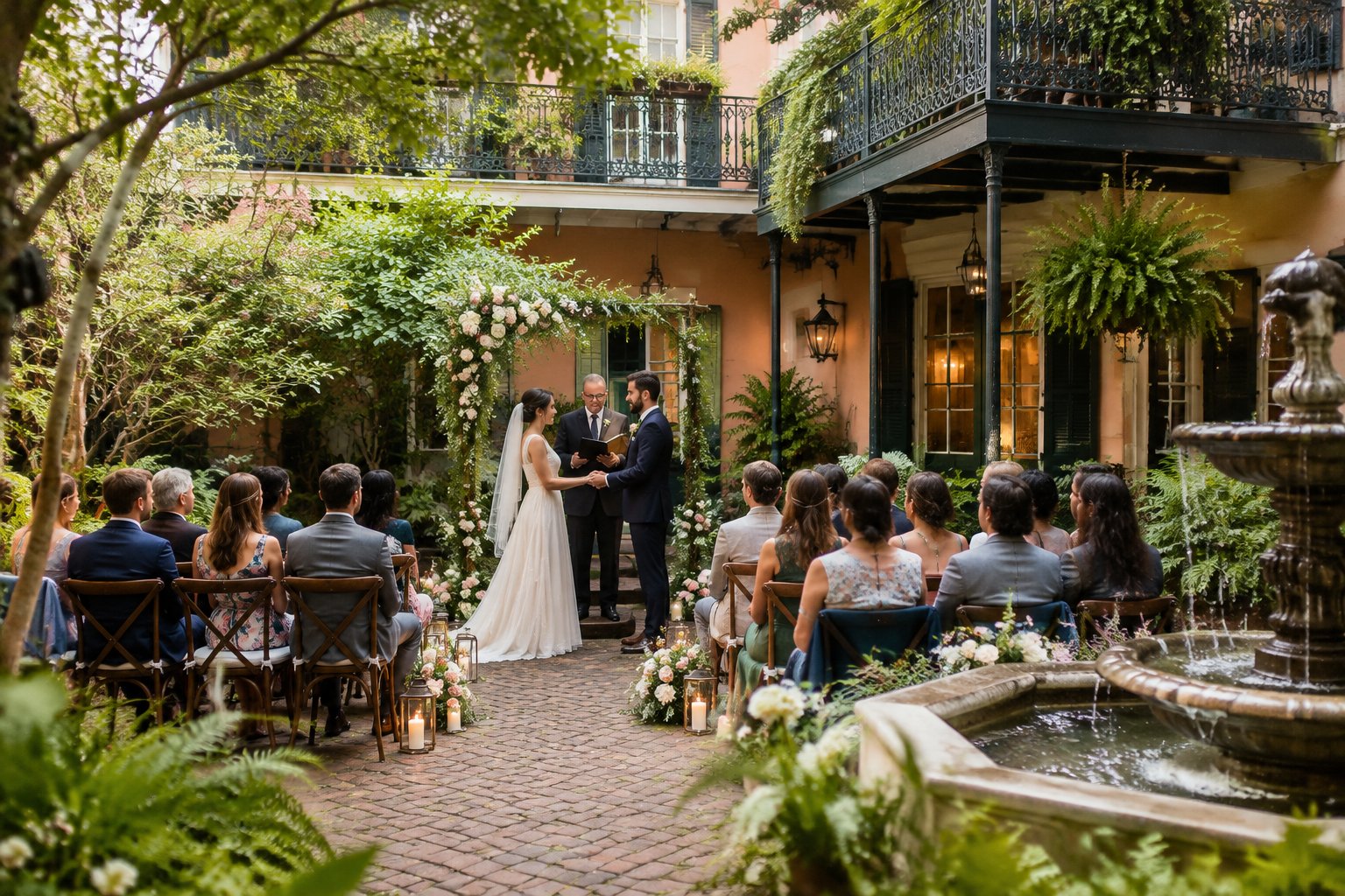 A couple exchanges vows in a New Orleans courtyard as a small group of guests watches.