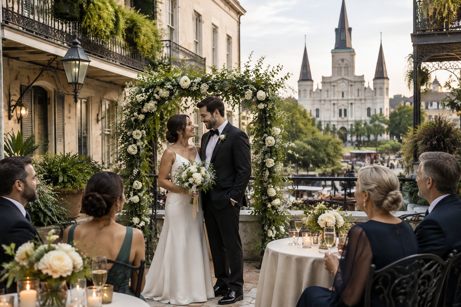 A newly married couple celebrates with a small group of guests in a New Orleans courtyard.
