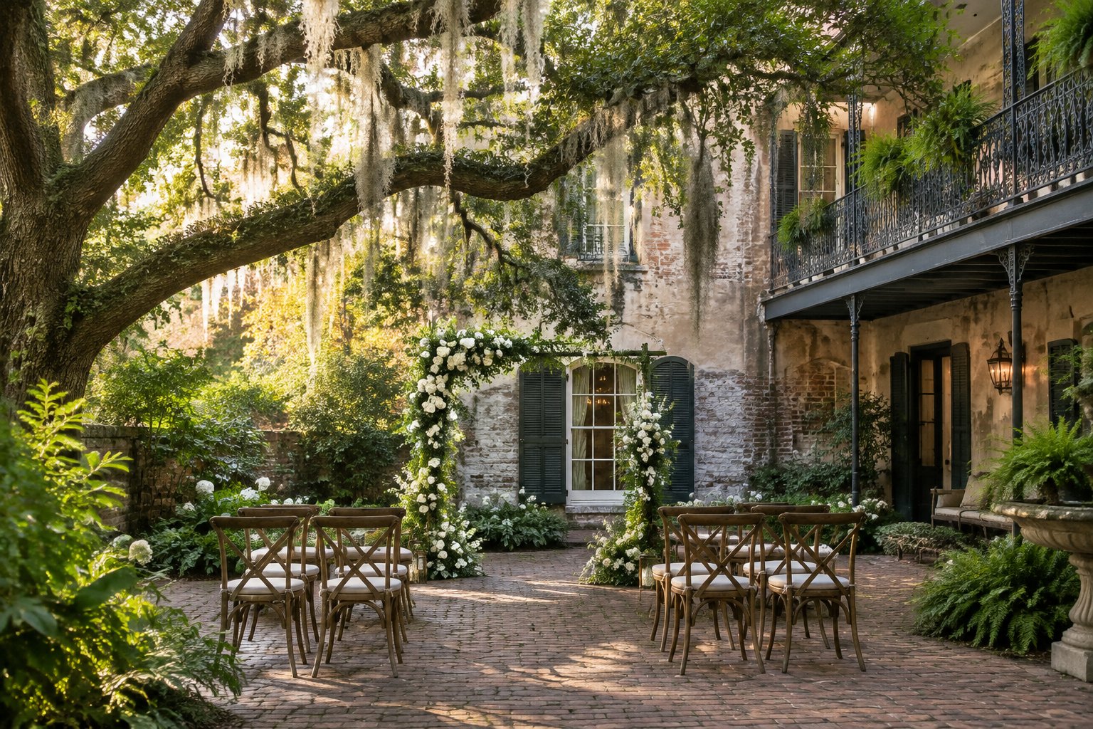 A small wedding ceremony setup in a leafy courtyard beside a historic New Orleans home.