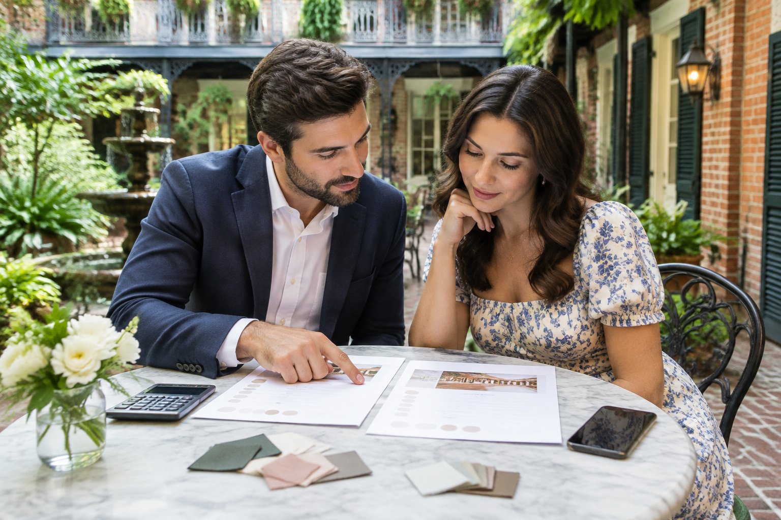 A couple reviews venue proposals at a table in a New Orleans courtyard.