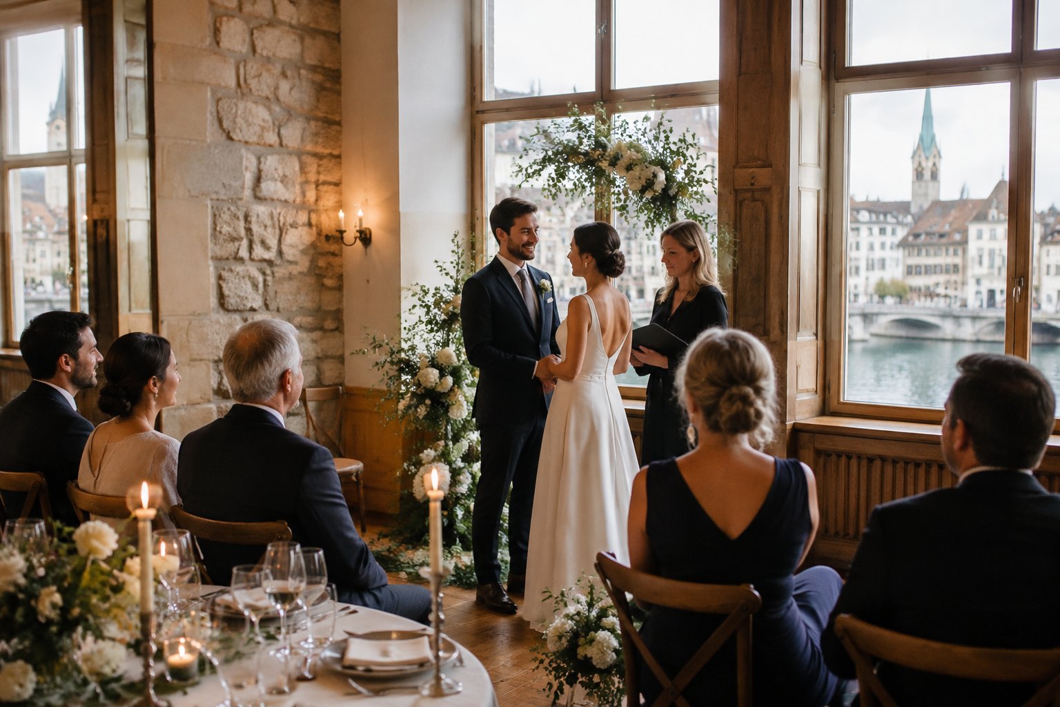 A couple celebrates their wedding with a small gathering in a riverside venue in Zurich.