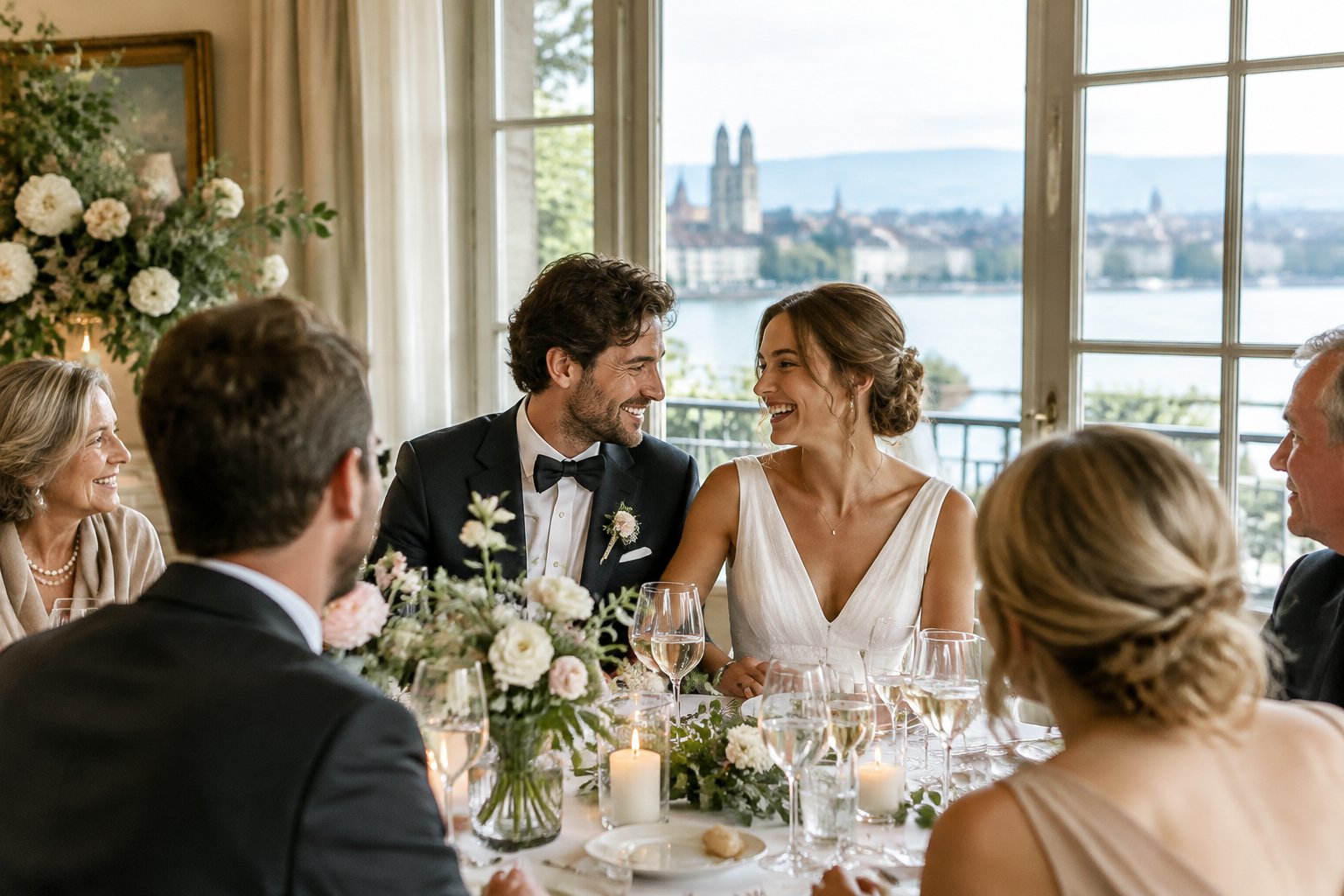 A newly married couple celebrates with family and friends at an intimate Zurich wedding.