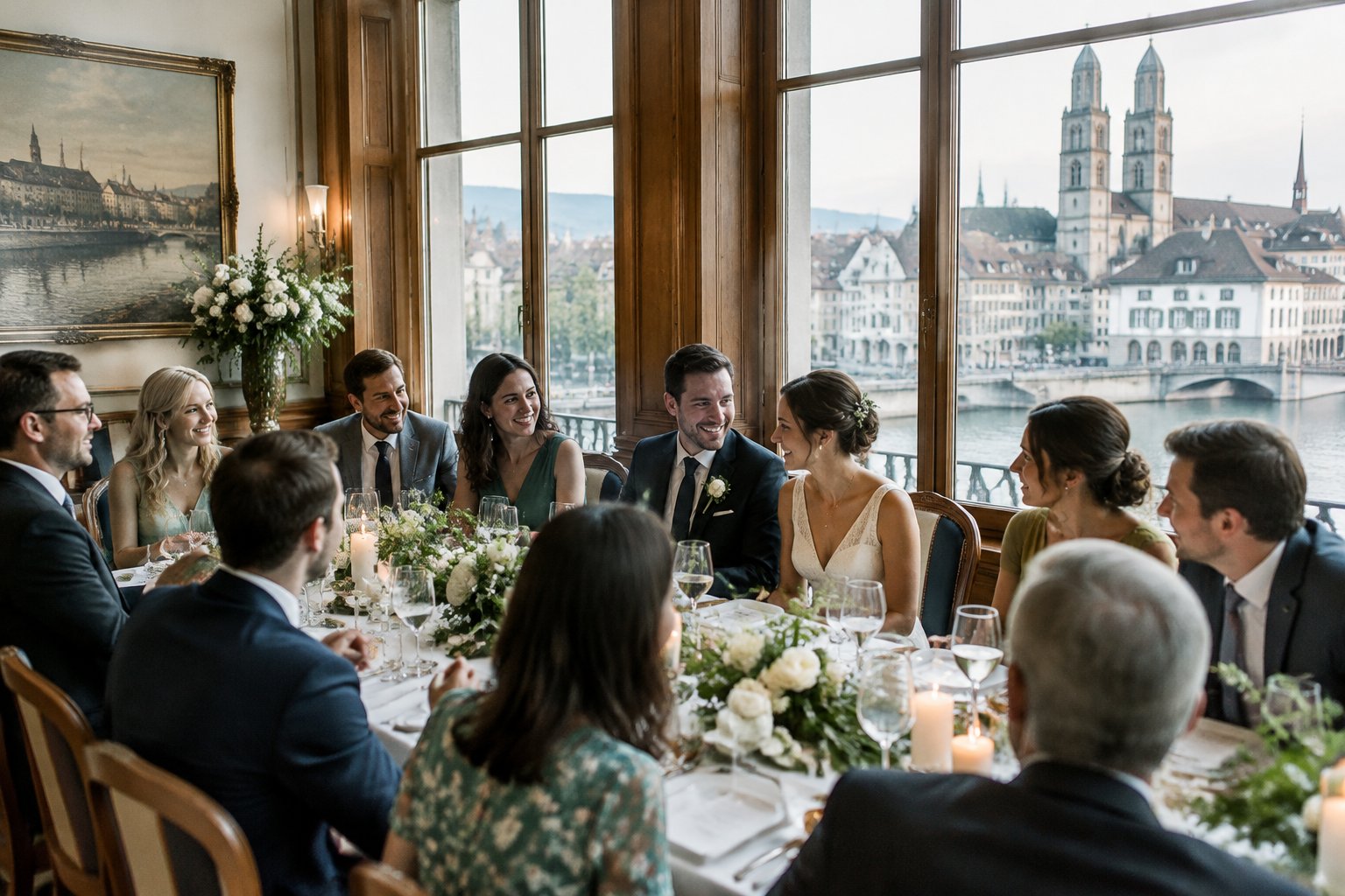 A couple celebrates with a small group of guests at a wedding table overlooking the Limmat River in Zurich.