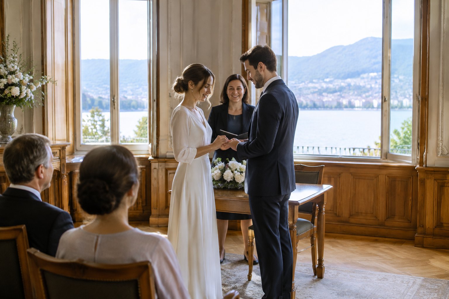 A couple exchanges vows in an intimate ceremony room with a few guests.