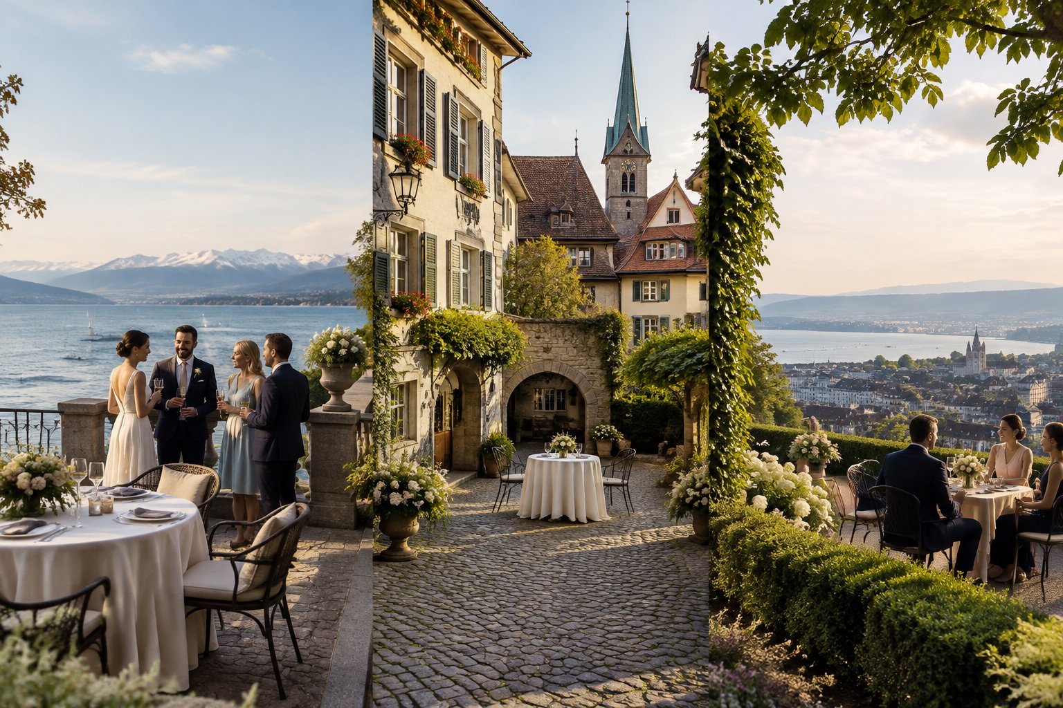 A small wedding gathering shown across lakeside, historic courtyard, and hilltop settings overlooking Zurich.