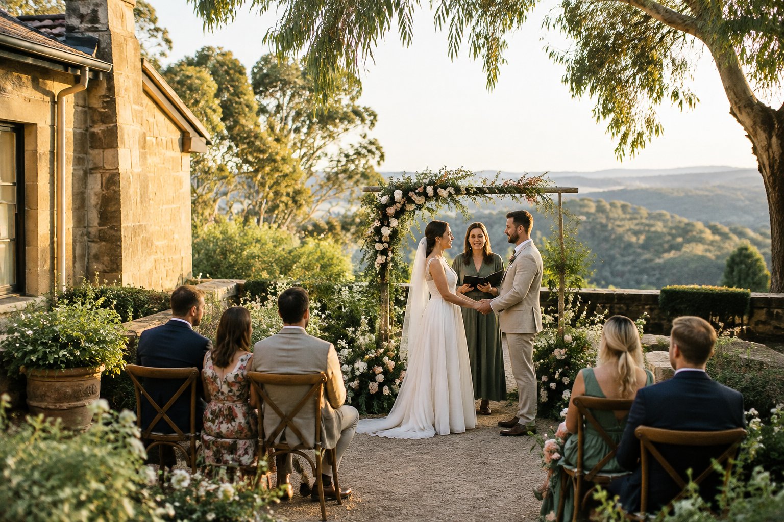 A couple exchanges vows beneath a floral arch in a garden courtyard as guests watch.