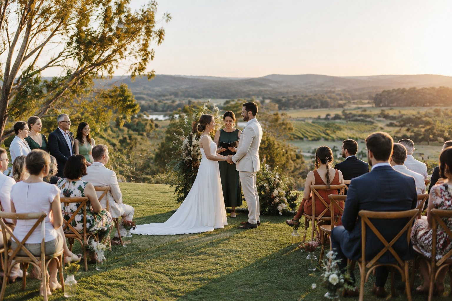 A couple exchanges wedding vows in a garden surrounded by a small group of guests.