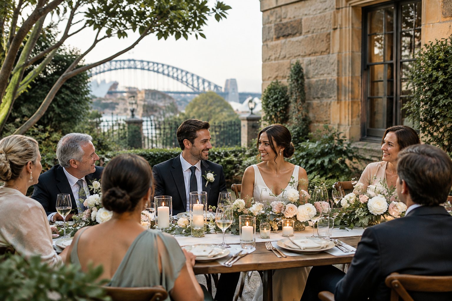 A couple celebrates with family and friends around a long table in a leafy courtyard.