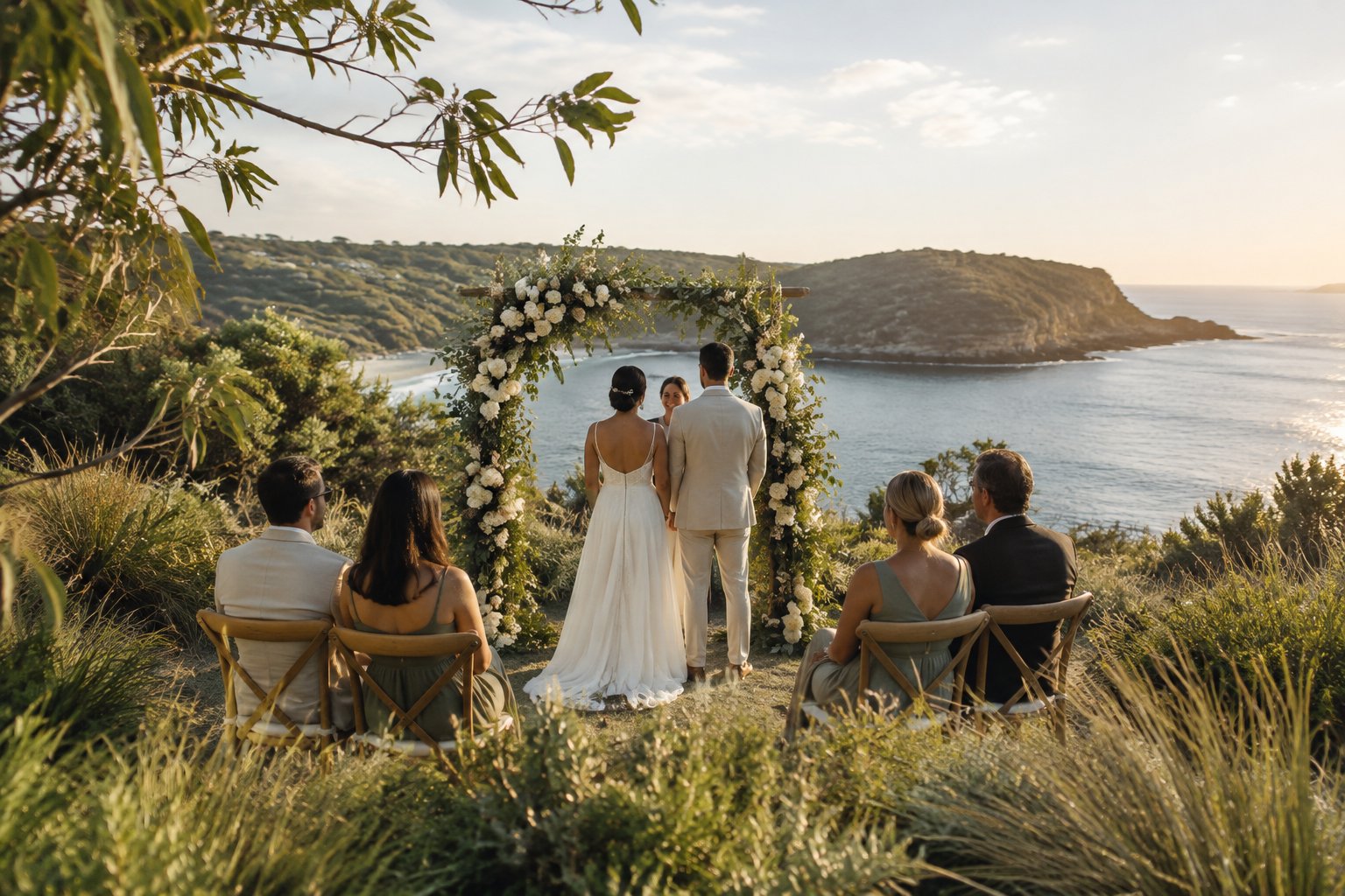 A small wedding ceremony overlooking a calm coastal inlet.