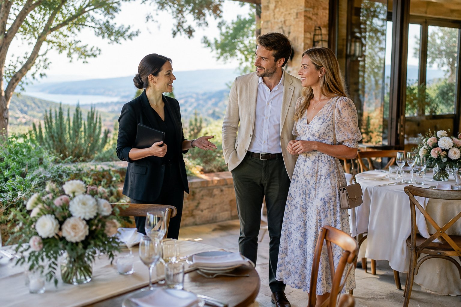 A couple tours a small wedding venue with a coordinator.