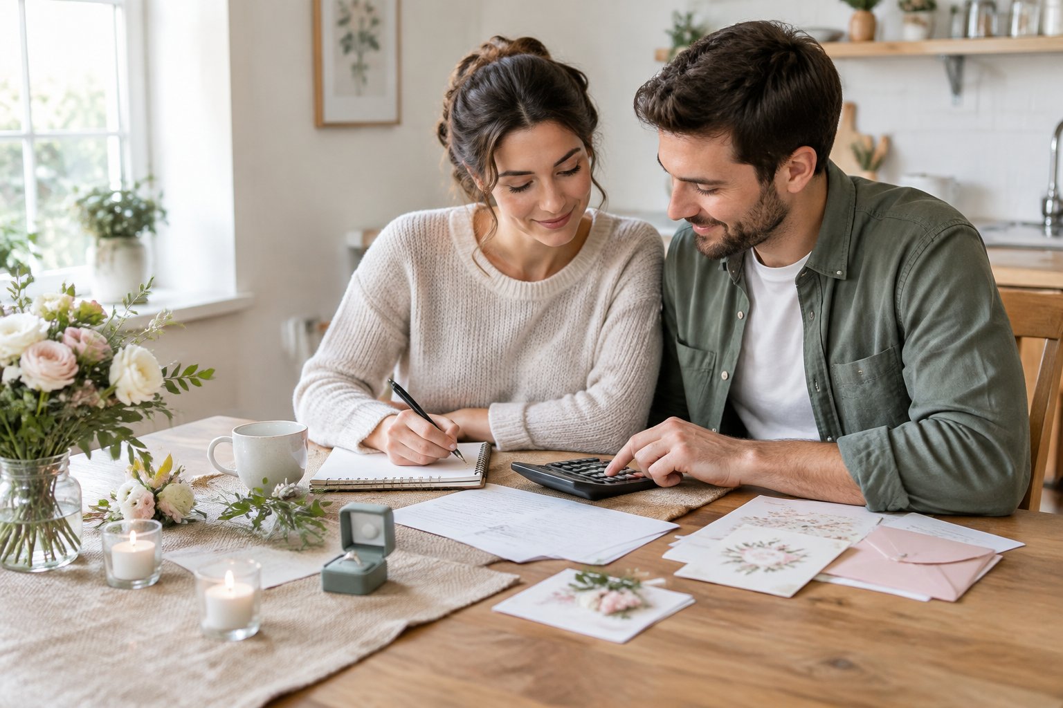 An engaged couple reviews wedding plans together at a table.
