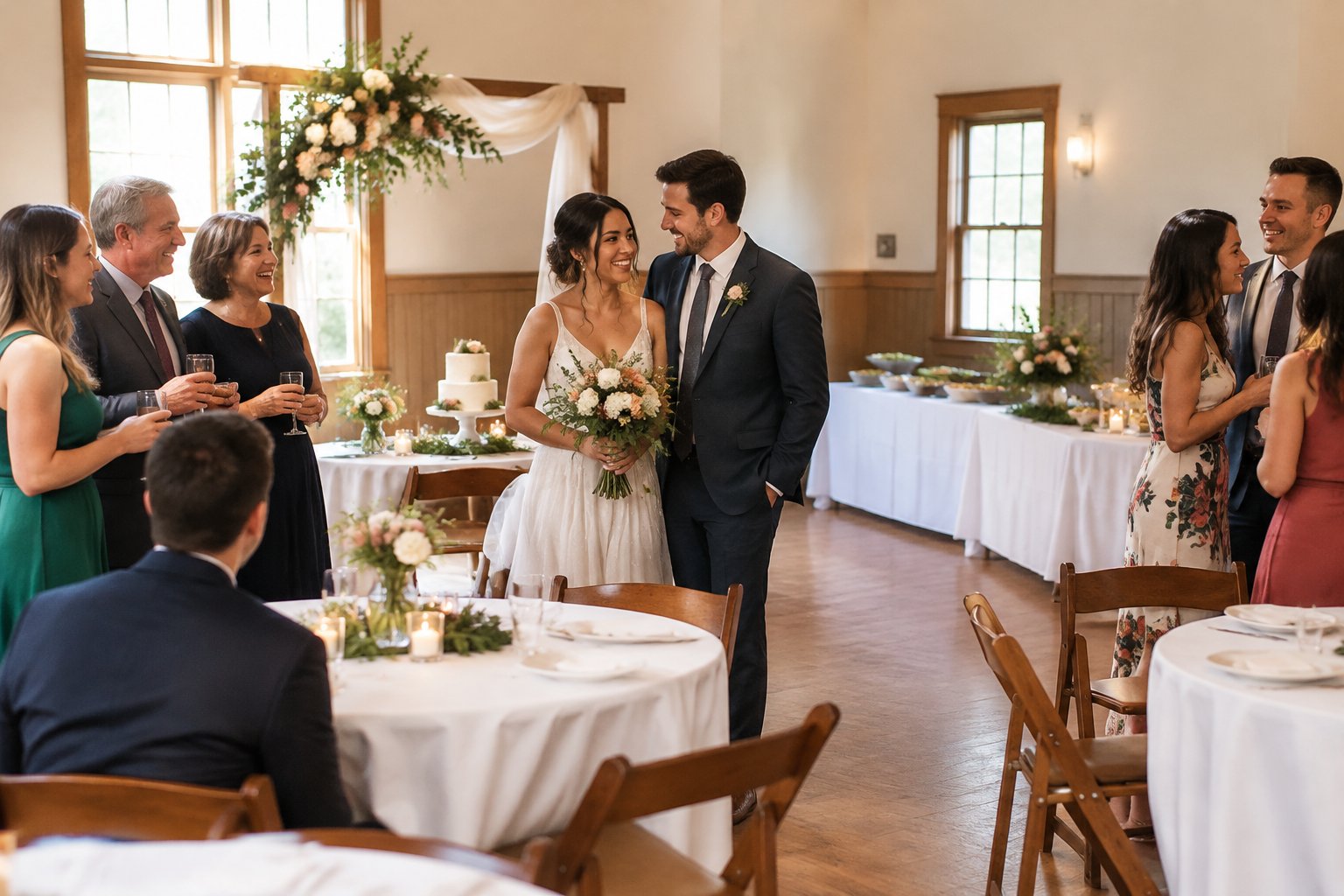 A couple celebrates with family and friends at a modest wedding reception.