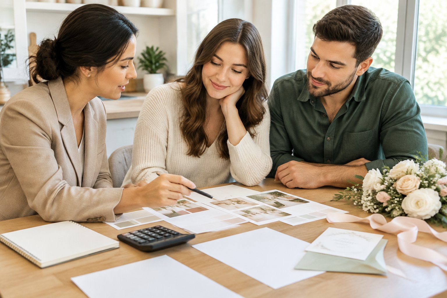 A couple reviews wedding plans and expenses together at a table.