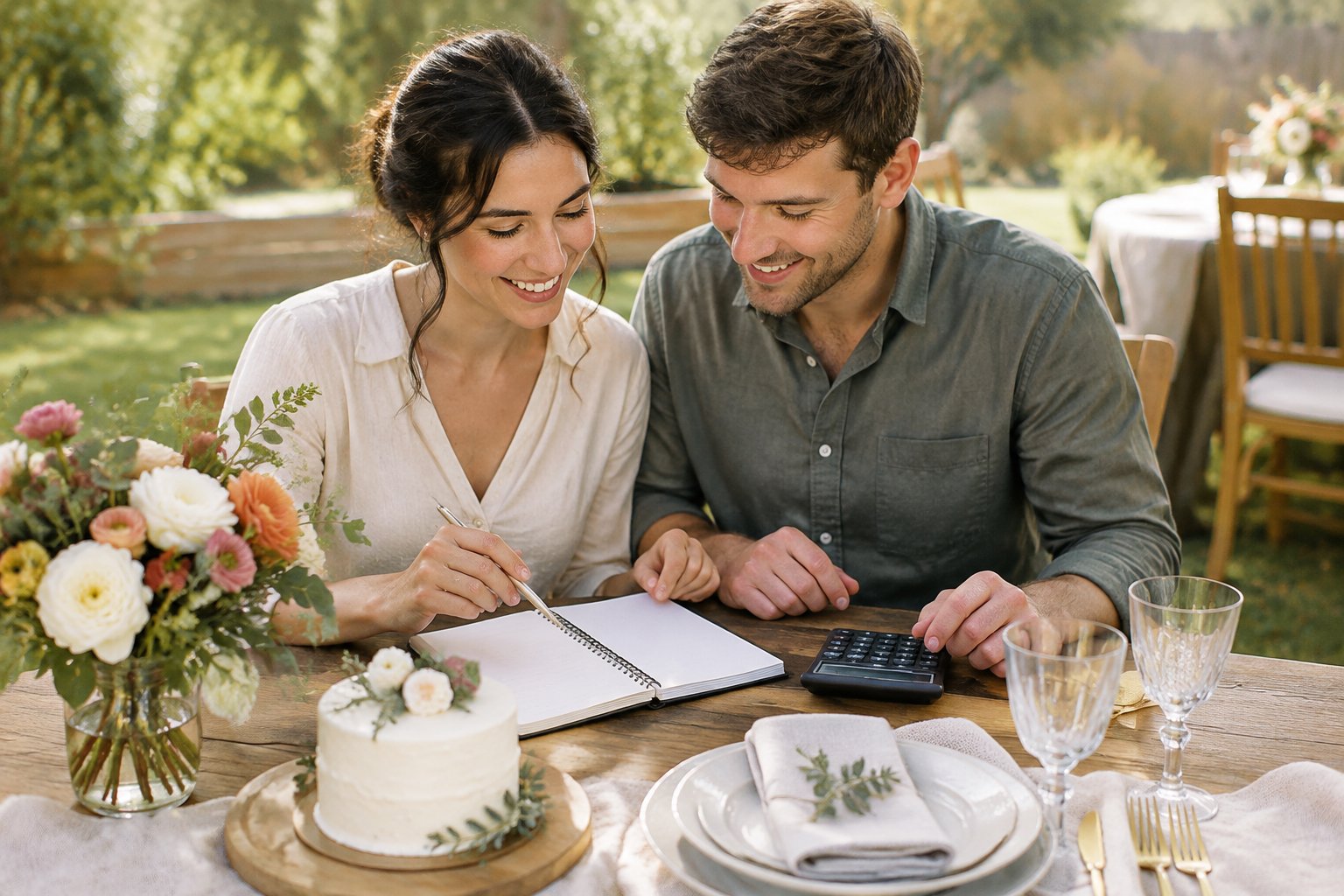 A couple reviews wedding plans together at a small table with flowers, a cake, and simple place settings.