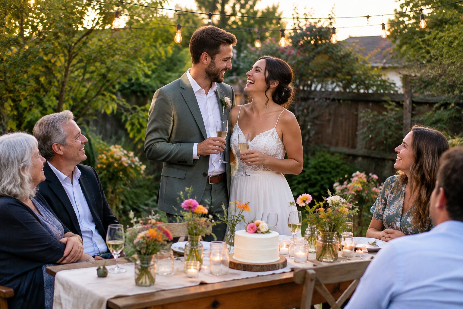 A couple celebrates their wedding with friends and family at a small outdoor reception.