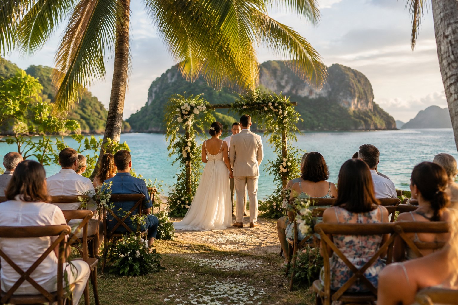 A couple exchanges vows before a small group of guests beside a tropical beach.