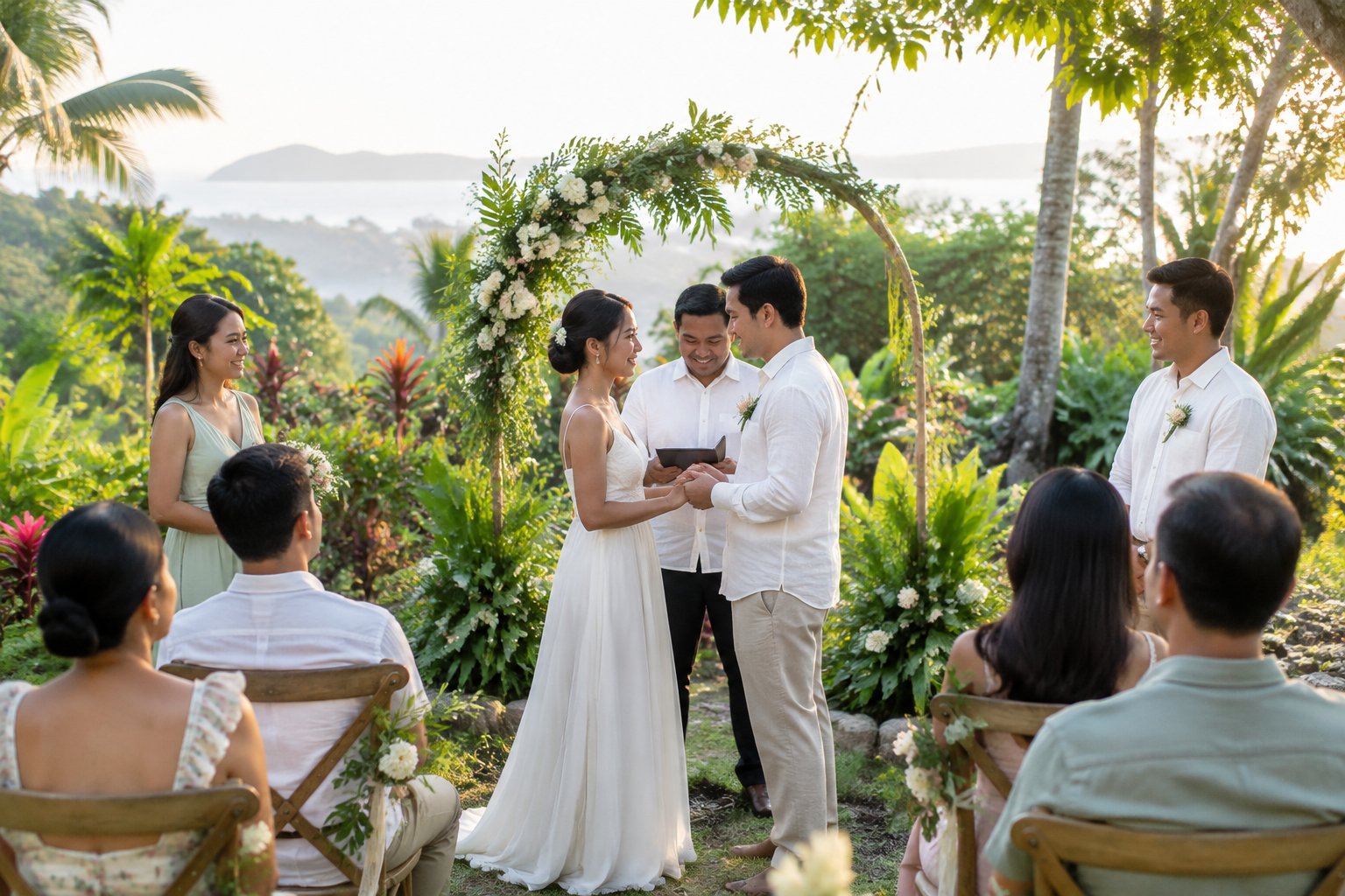 A couple celebrates their wedding with a small group of guests in a tropical garden.
