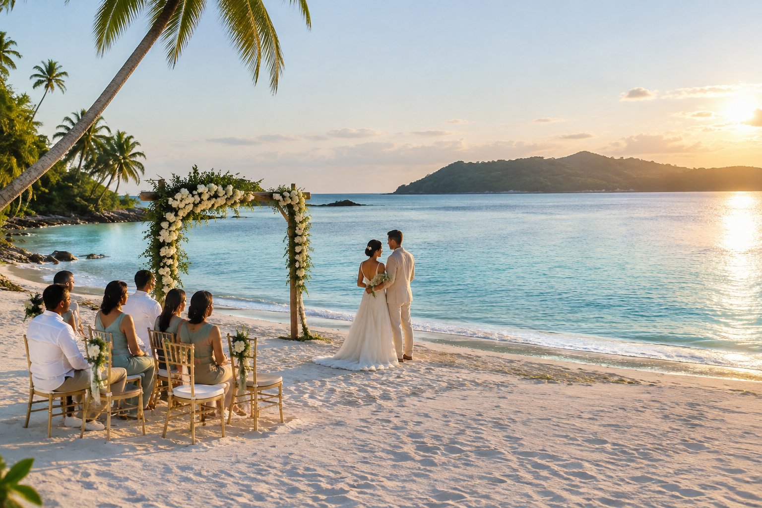 A couple celebrates an intimate beach wedding beside turquoise water.