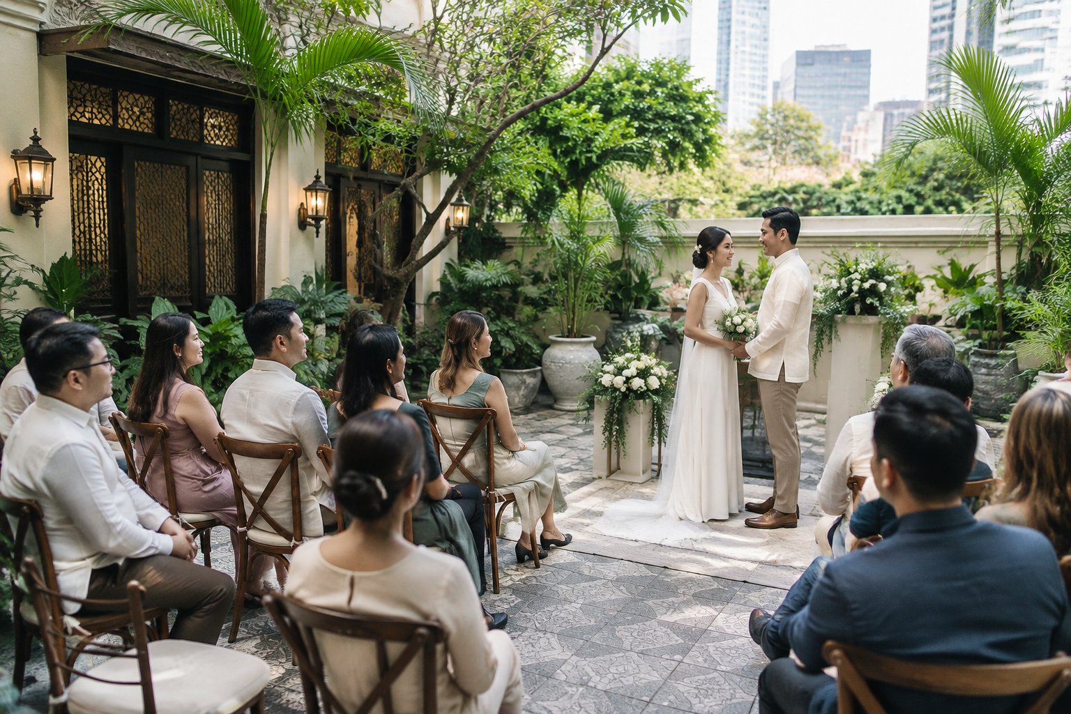 A couple celebrates their wedding with a small group of guests in a leafy city courtyard.