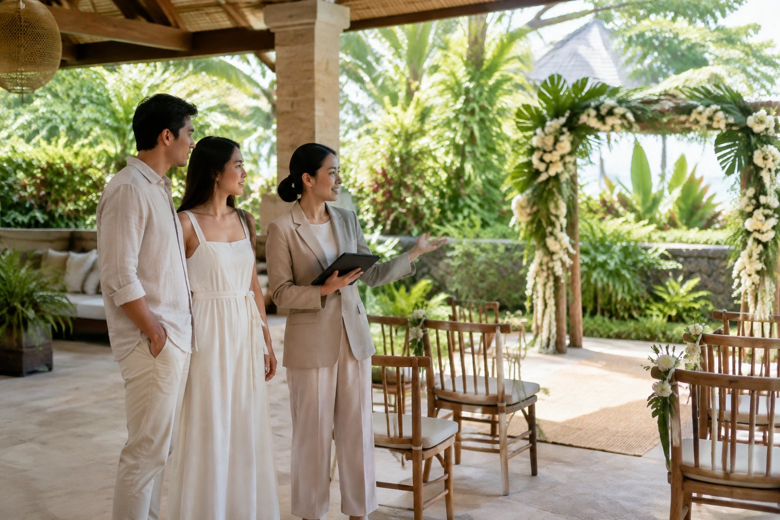 A couple and wedding planner look over a small garden ceremony venue.