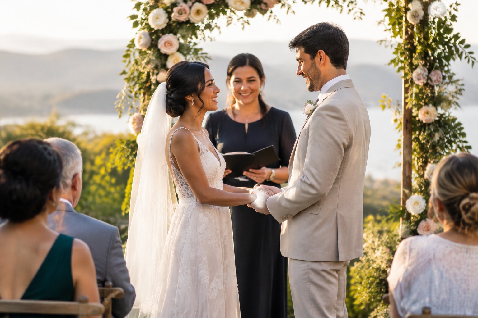 A couple stands with their officiant during an intimate outdoor wedding ceremony.