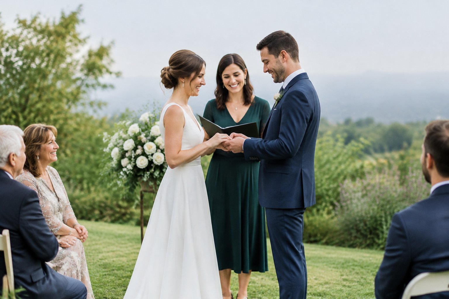 A couple exchanges rings during a small outdoor wedding ceremony as their guests look on.