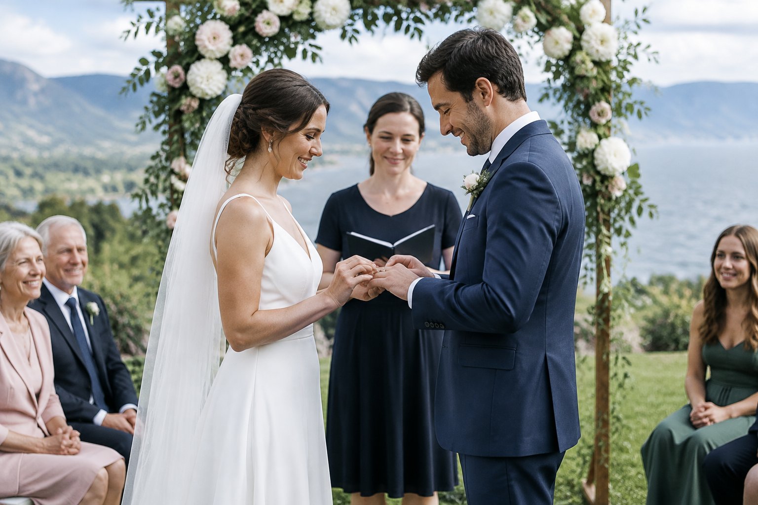 A couple exchanges wedding rings during an intimate ceremony as an officiant and guests look on.