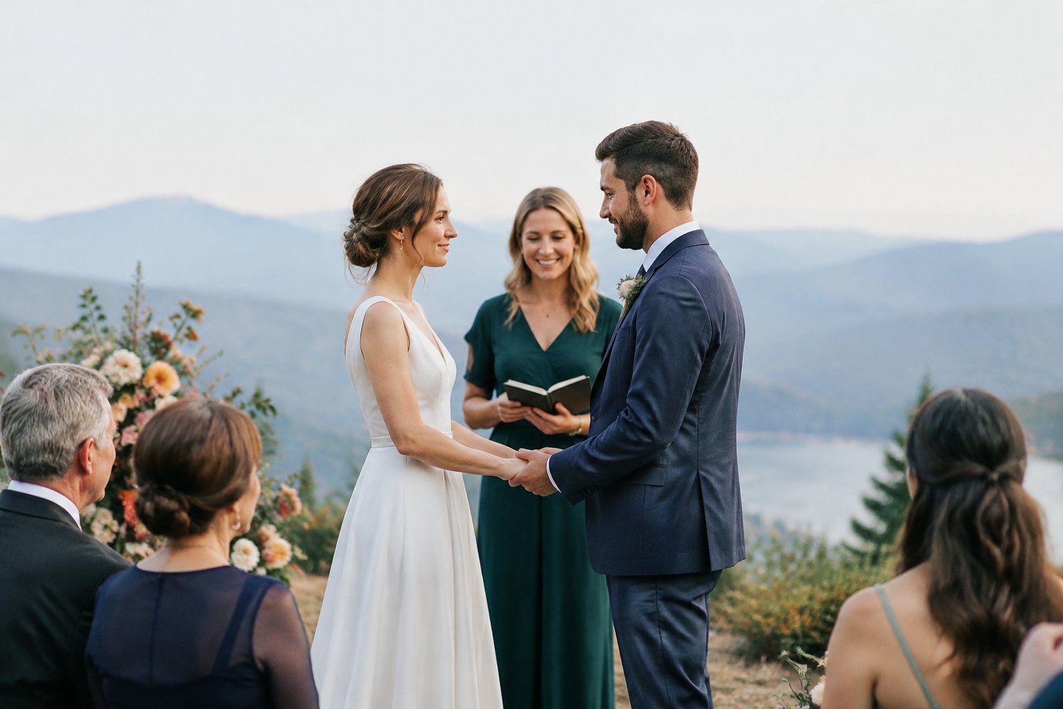A couple exchanges vows during a small outdoor ceremony as loved ones watch.