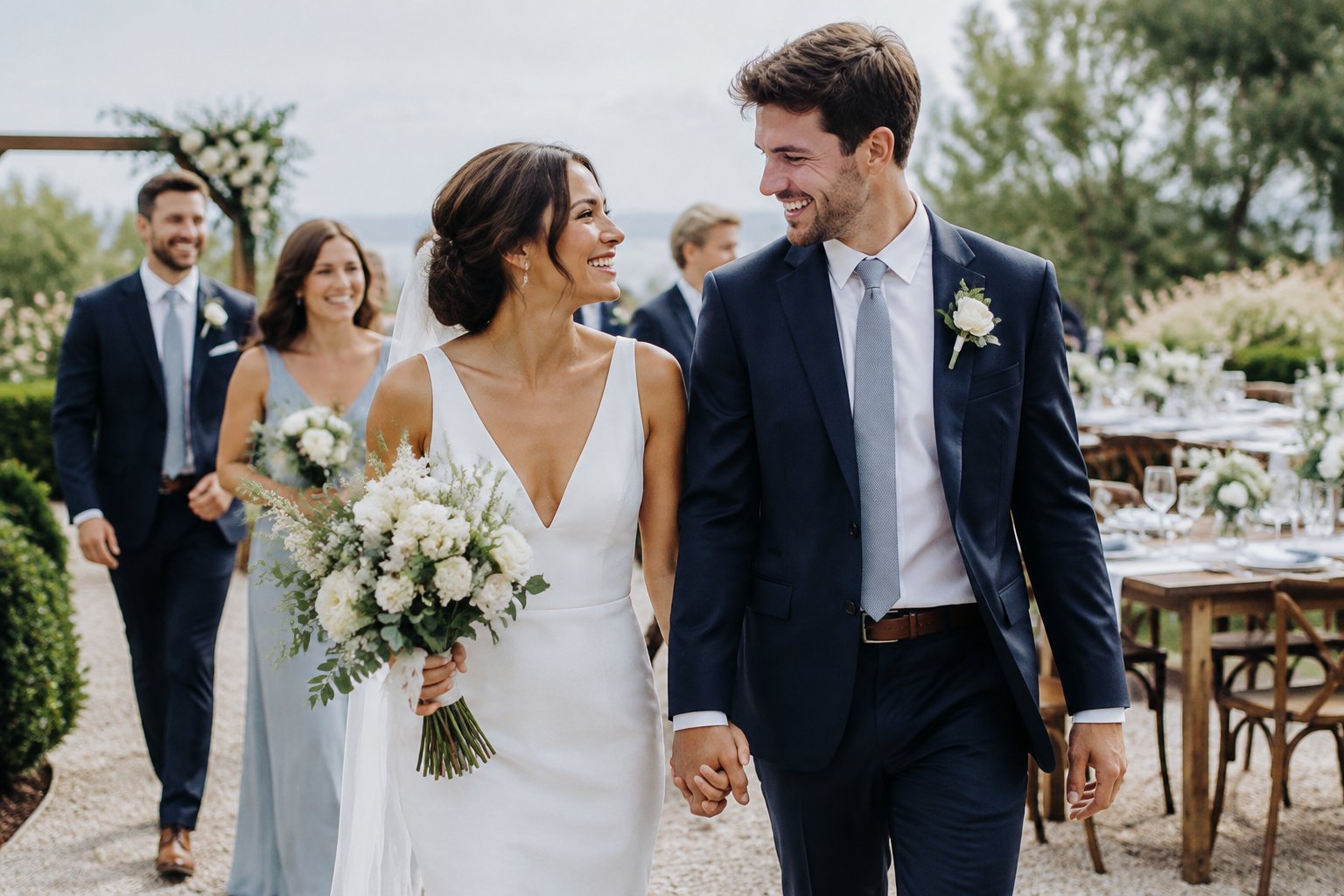 A newly married couple walks from their outdoor ceremony toward a reception as guests follow.