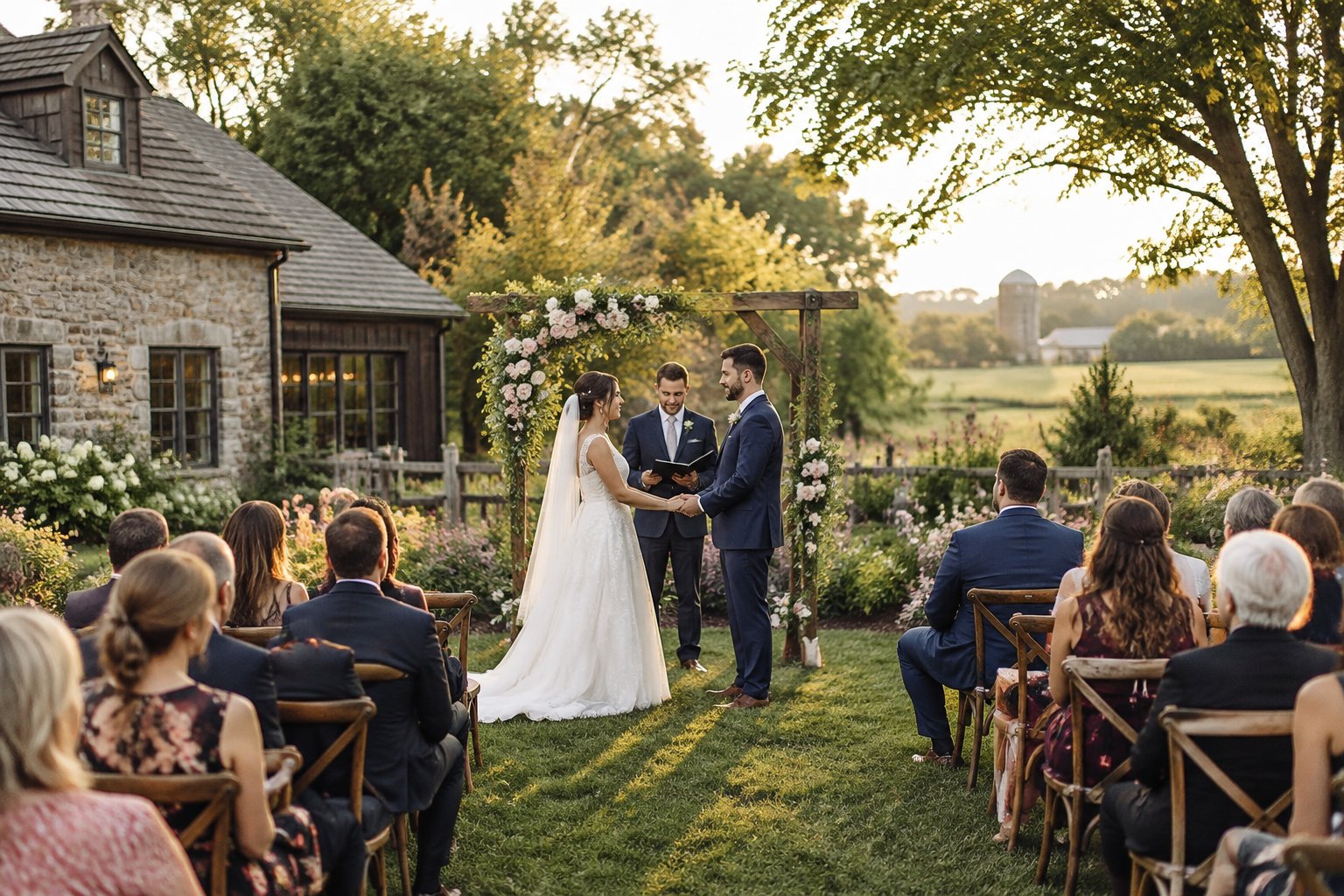 A couple exchanges vows at a small garden wedding with guests seated nearby.