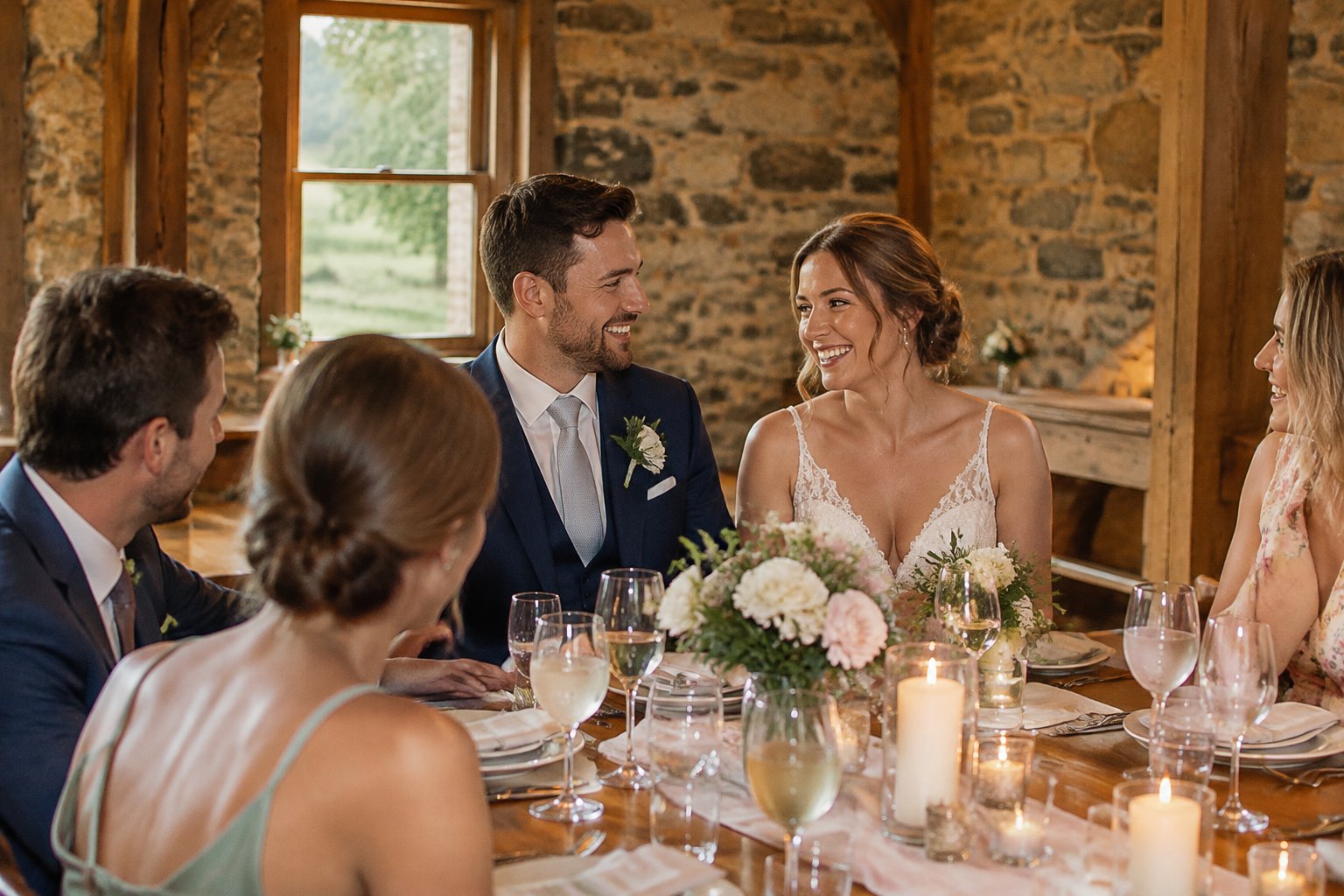 A couple celebrates with guests at a small wedding reception.