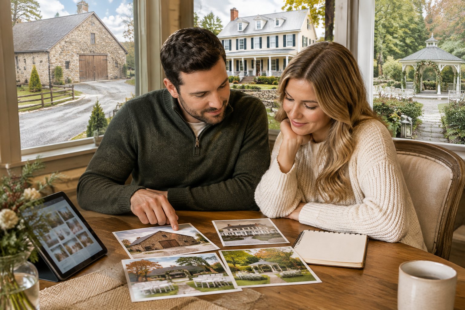 A couple compares wedding venue photos at a table overlooking countryside locations.