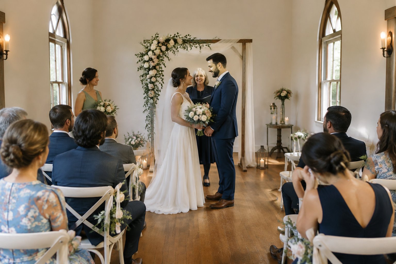 A couple celebrates their wedding in a small chapel with a few guests.