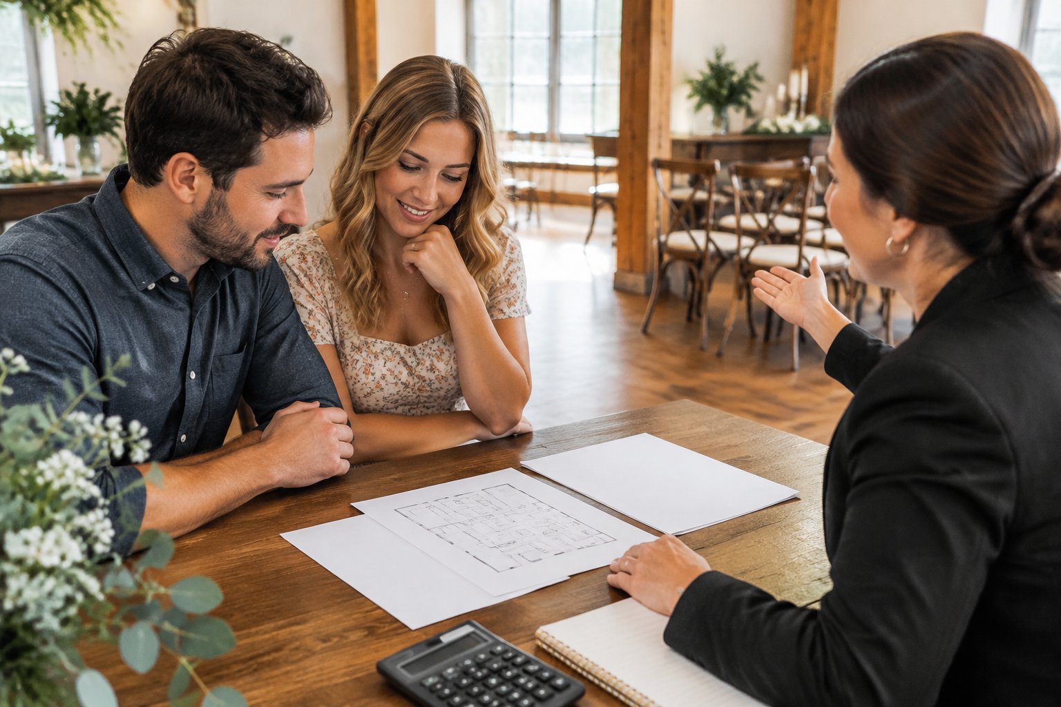 A couple reviews venue plans with a coordinator in a small wedding space.