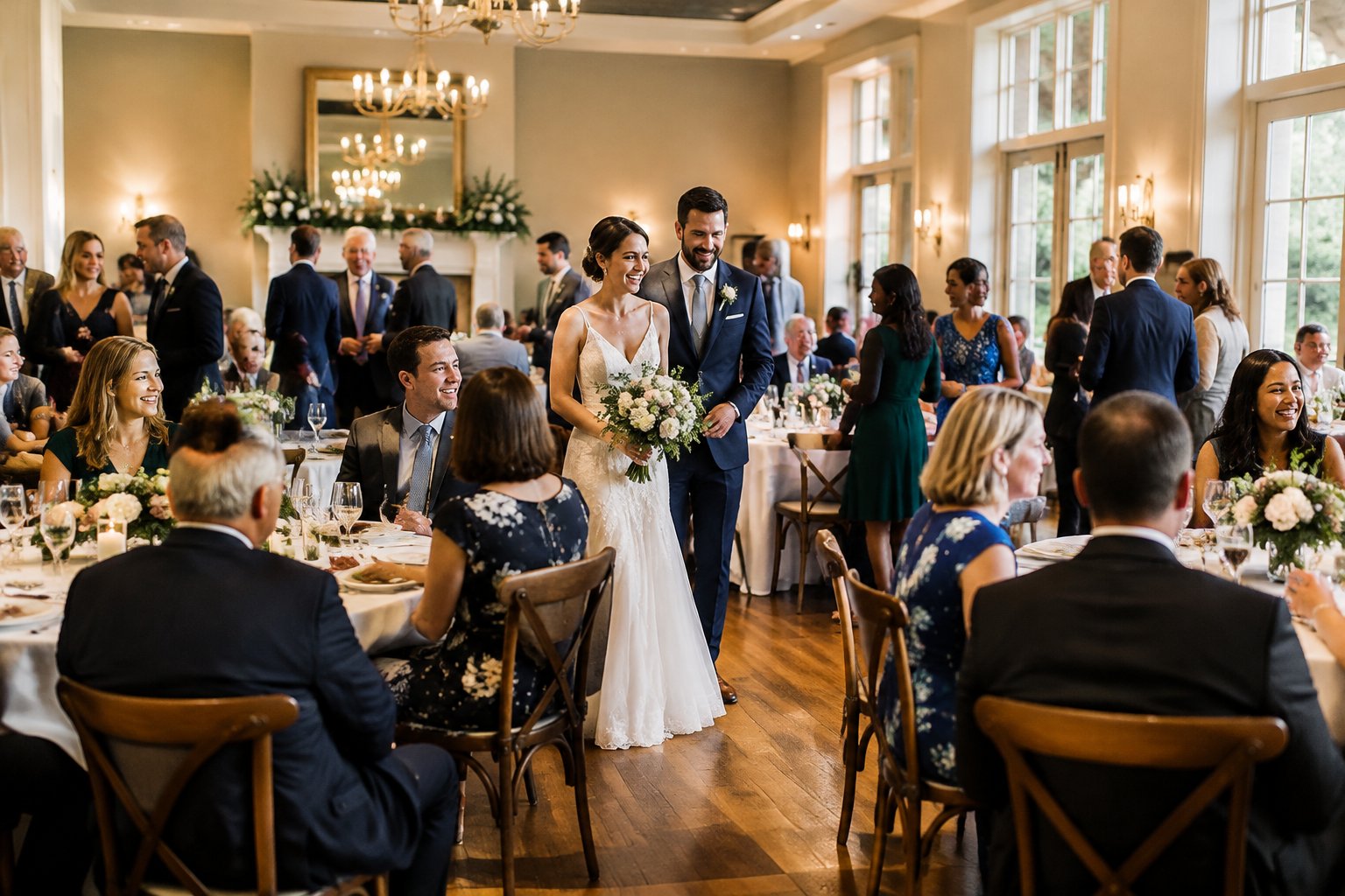 A newlywed couple celebrates with guests seated at reception tables.