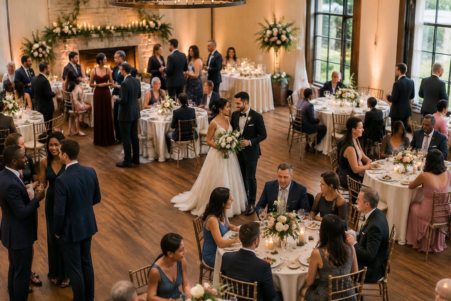 Guests gather around decorated tables at a wedding reception.
