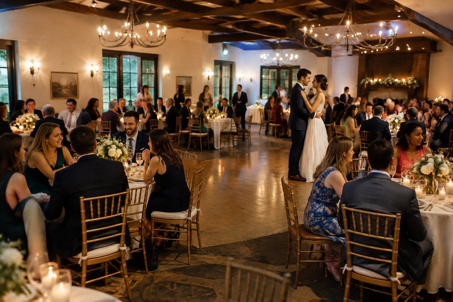 A newlywed couple celebrates with guests at a medium-sized wedding reception.
