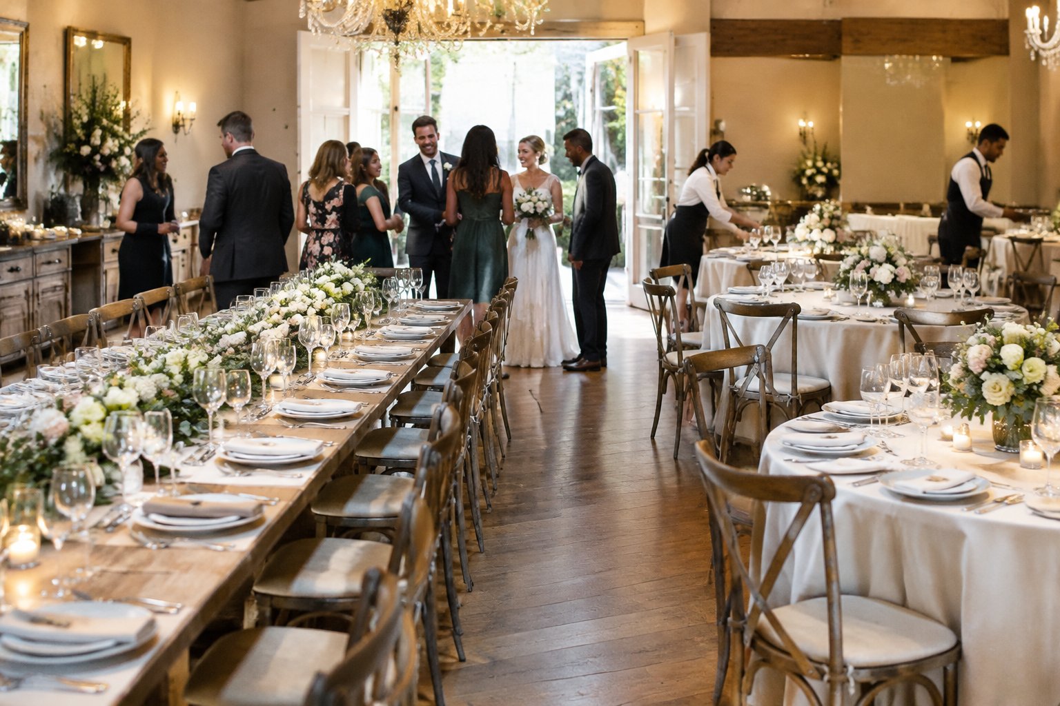 A couple welcomes guests to a wedding reception with multiple tables set for dinner.