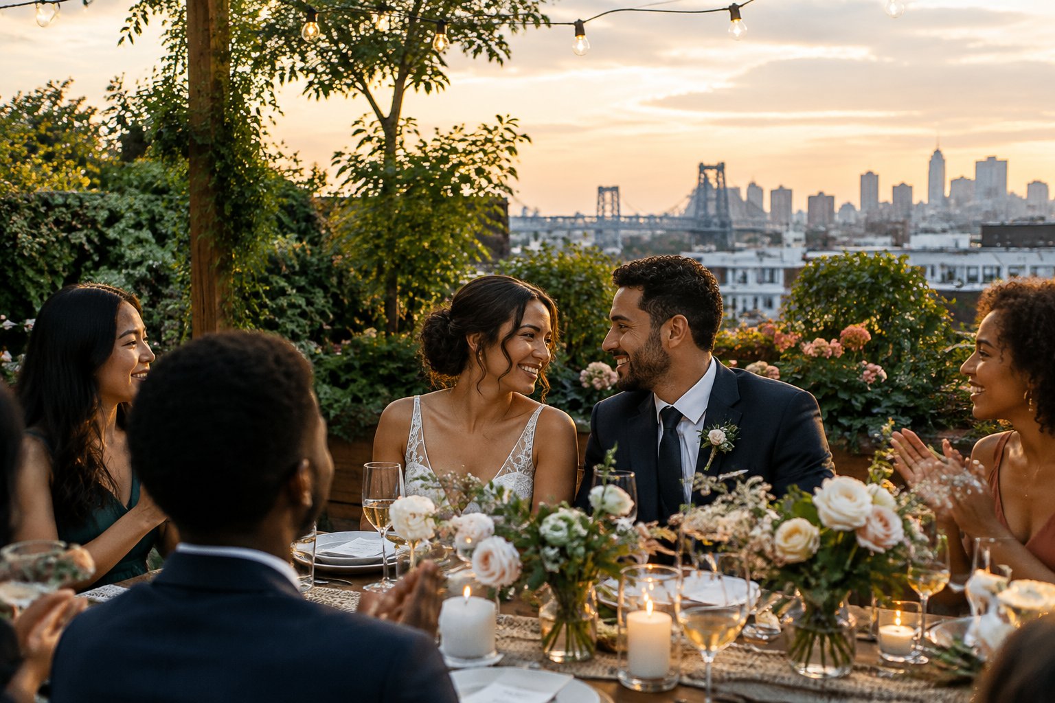 A couple celebrates with guests at a small outdoor wedding reception.