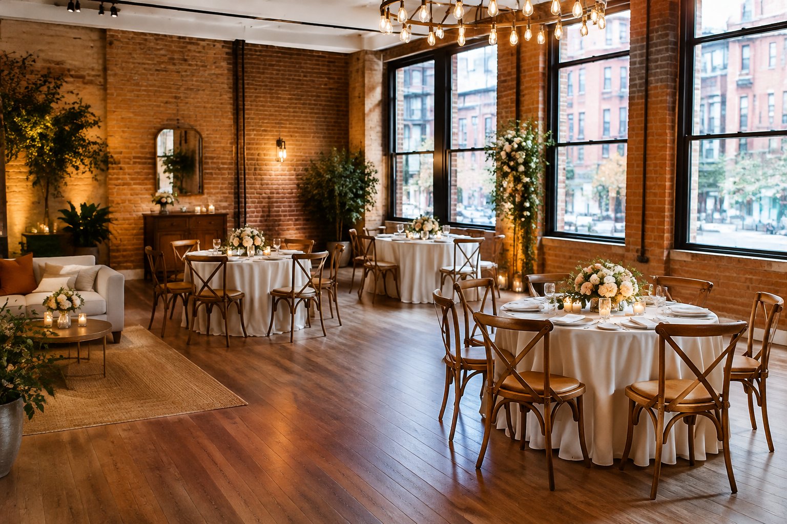 A small wedding venue in Queens arranged with tables, chairs, flowers, and warm lighting.
