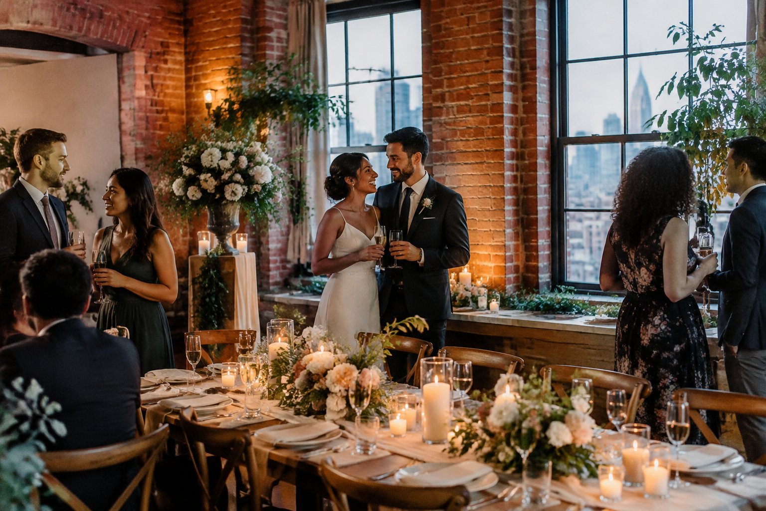 A couple celebrates with guests at a small wedding reception.