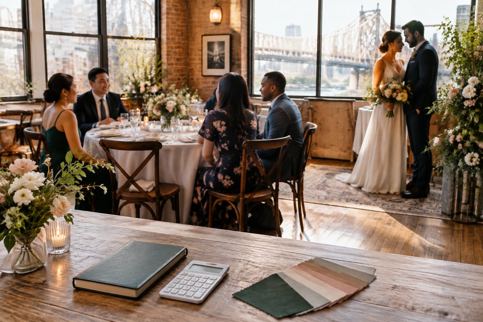 A couple and guests at a small wedding reception in an intimate venue.