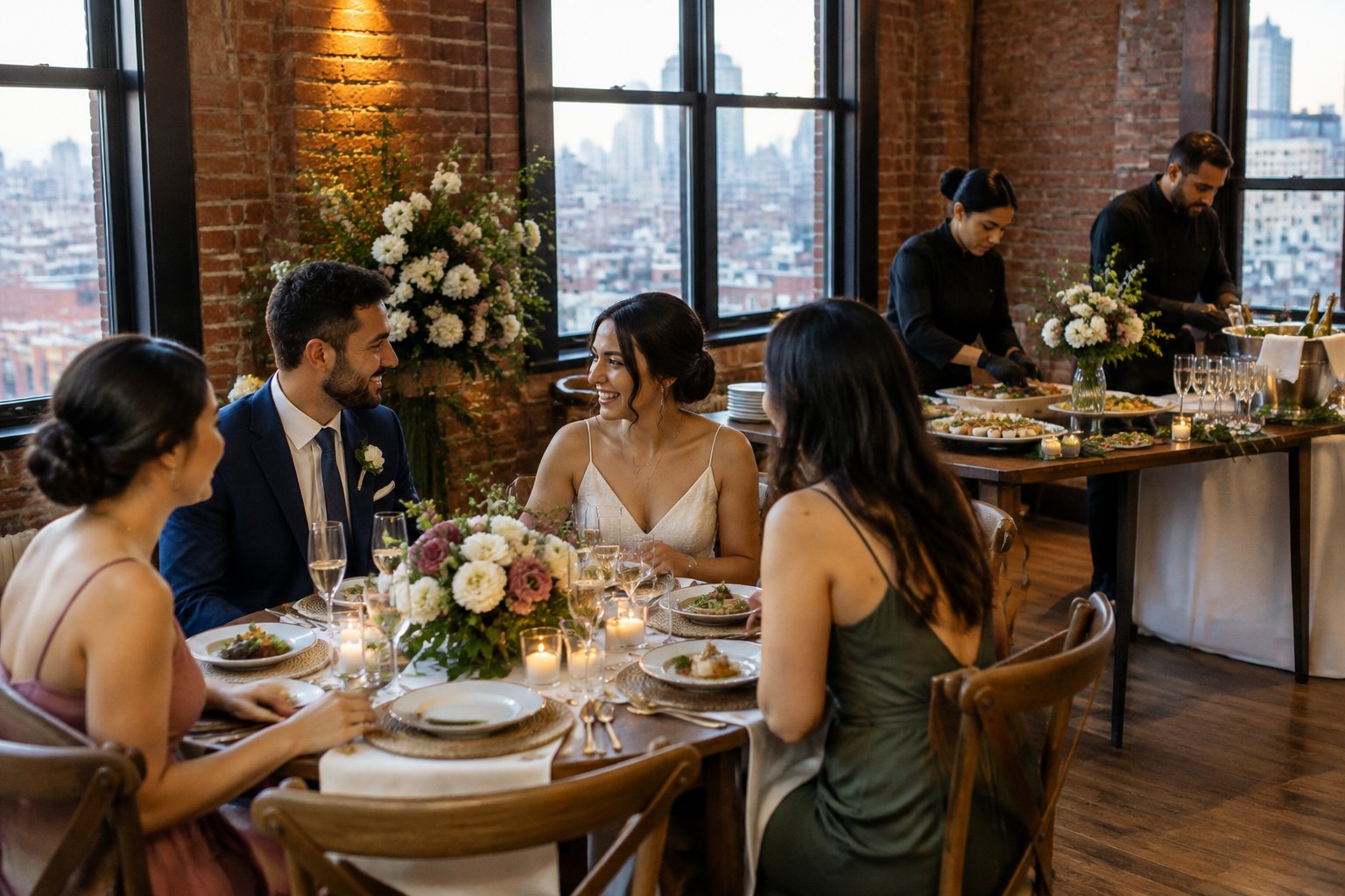 A couple and guests enjoy a small wedding reception as caterers arrange food nearby.