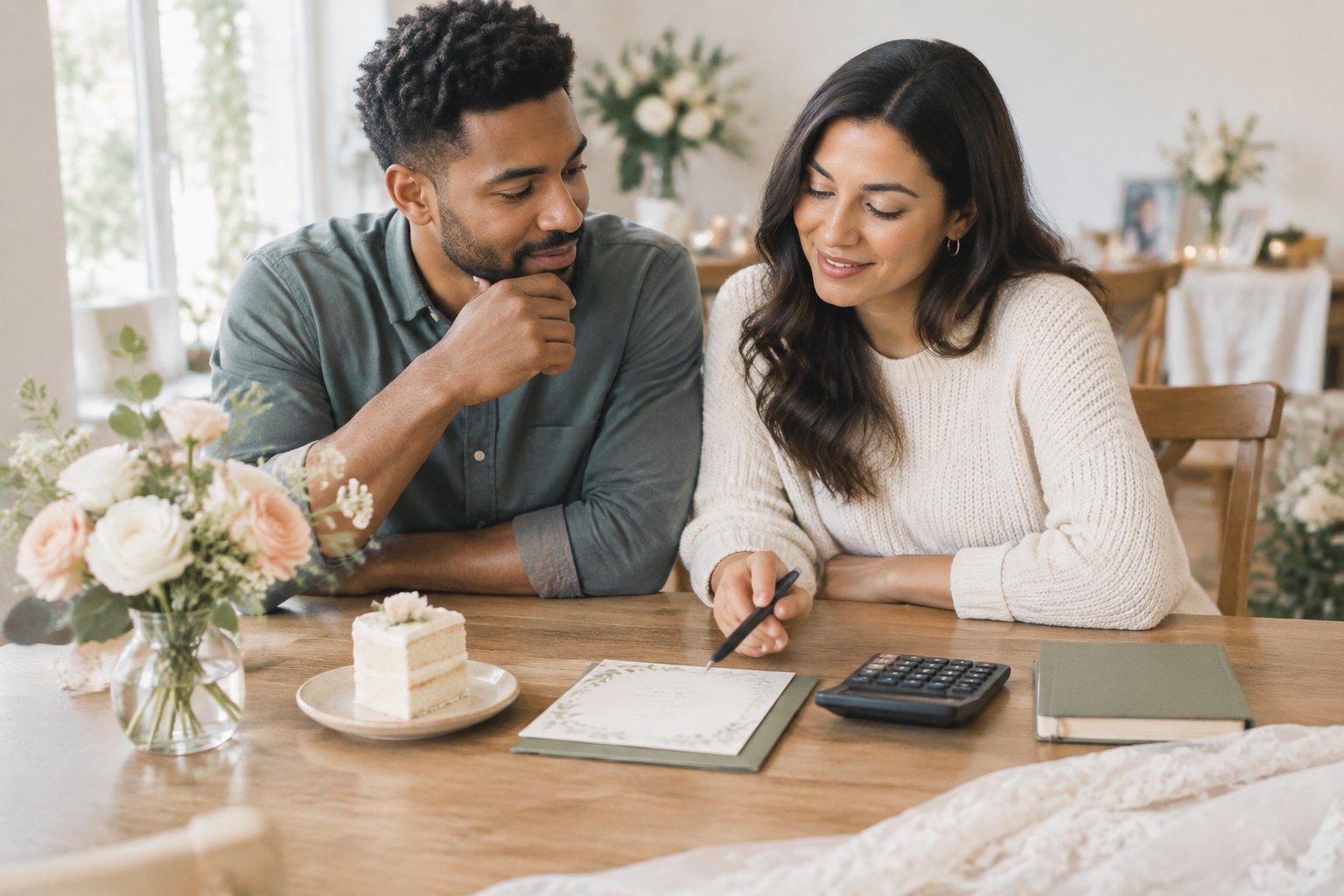 An engaged couple reviews wedding plans at a table with flowers, cake, and a calculator.