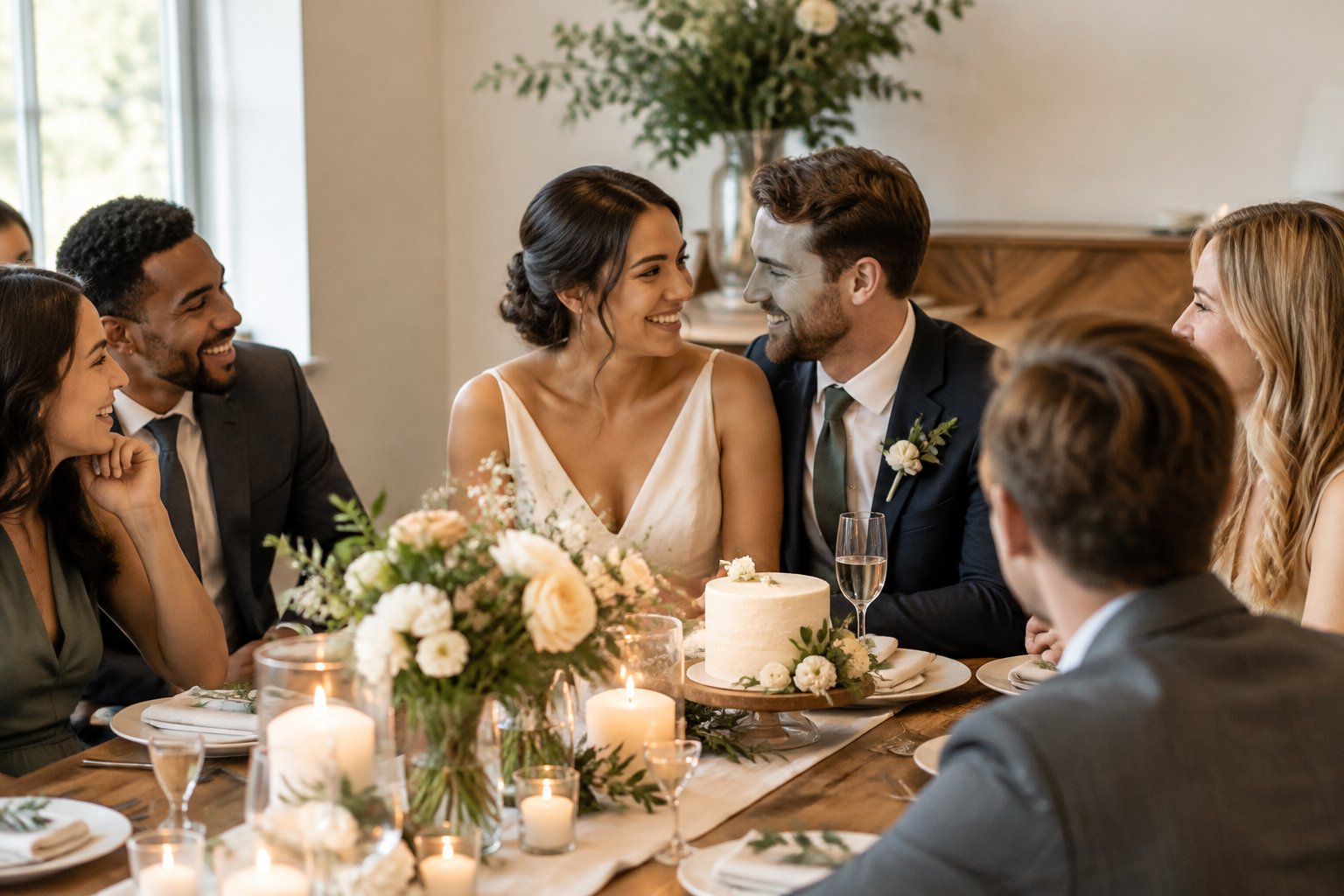 A newly married couple celebrates with guests at a modestly decorated reception.