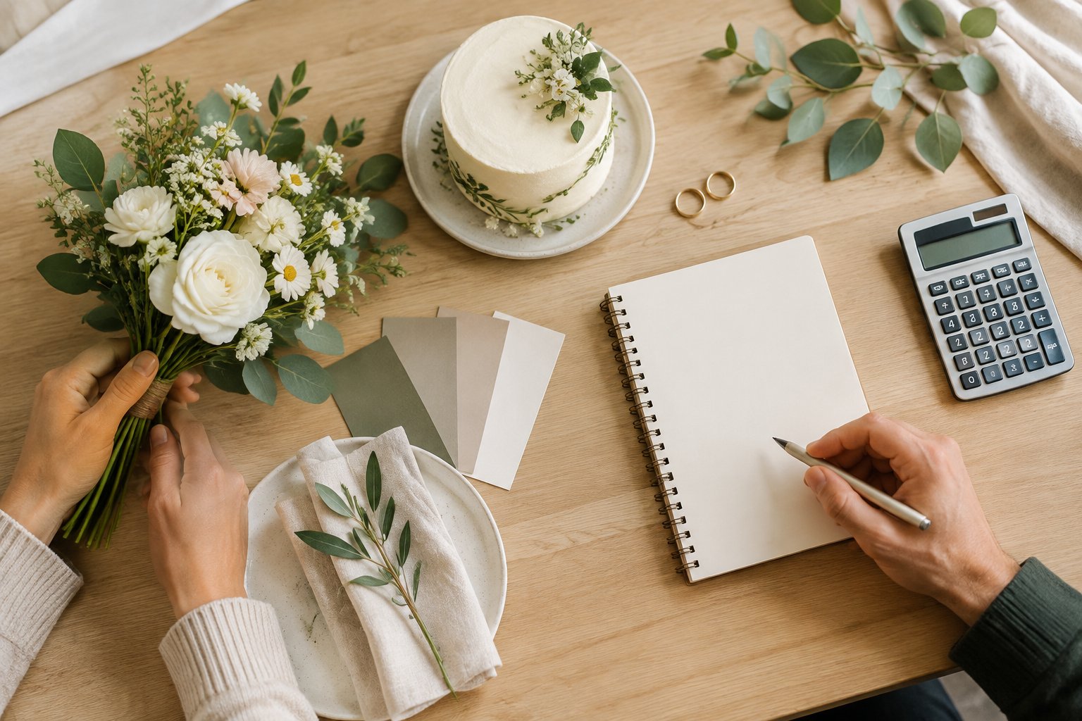 A couple’s hands arrange wedding-planning items on a table.