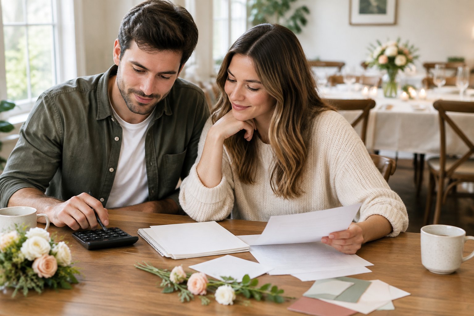 An engaged couple reviews wedding plans at a table with a calculator and papers.