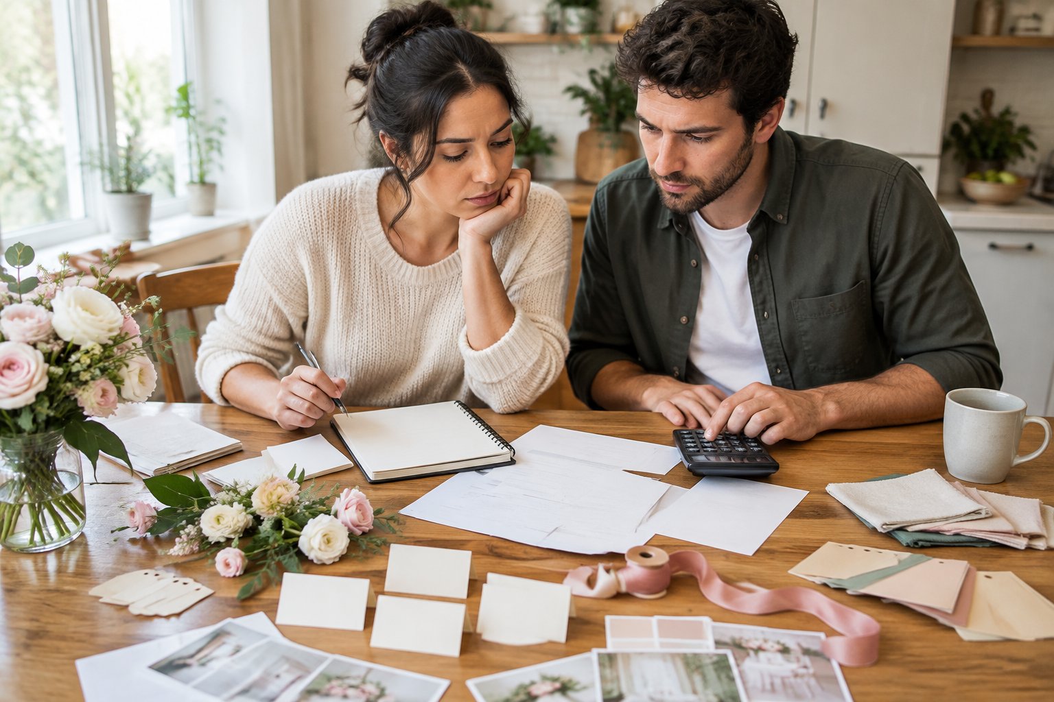 An engaged couple reviews wedding expenses together at a kitchen table.
