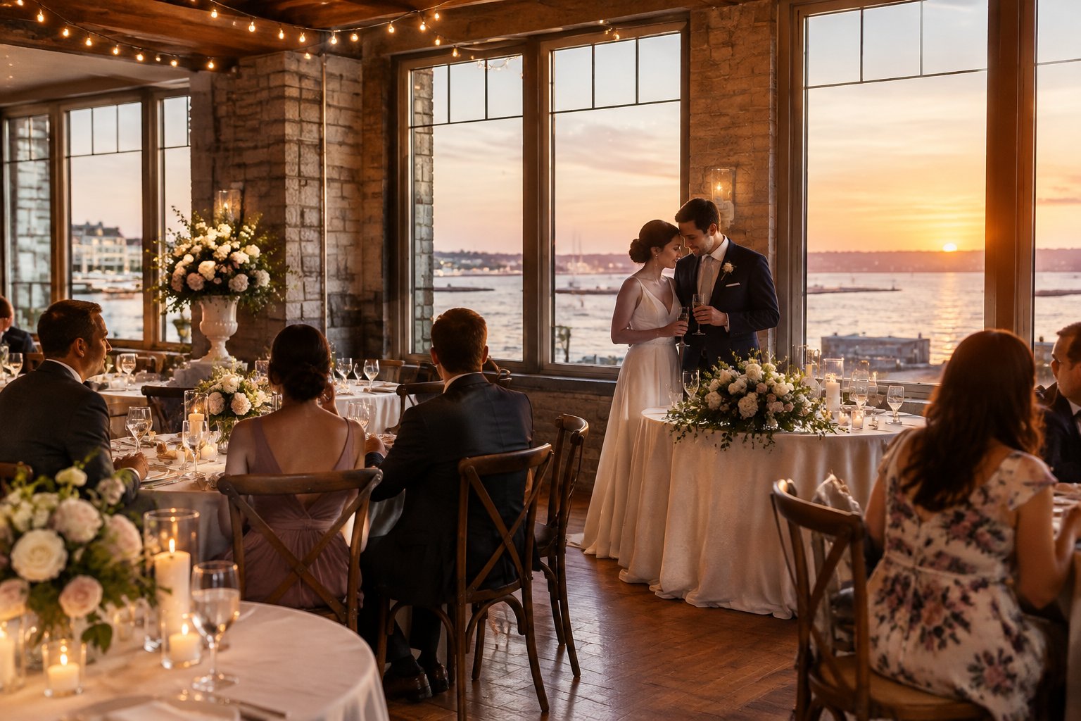 A couple shares a quiet moment at a small wedding reception in a waterfront venue.