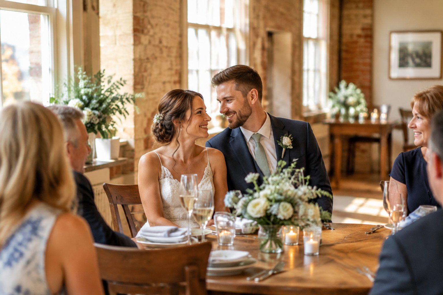 A couple celebrates their wedding with family and friends in a small reception venue.